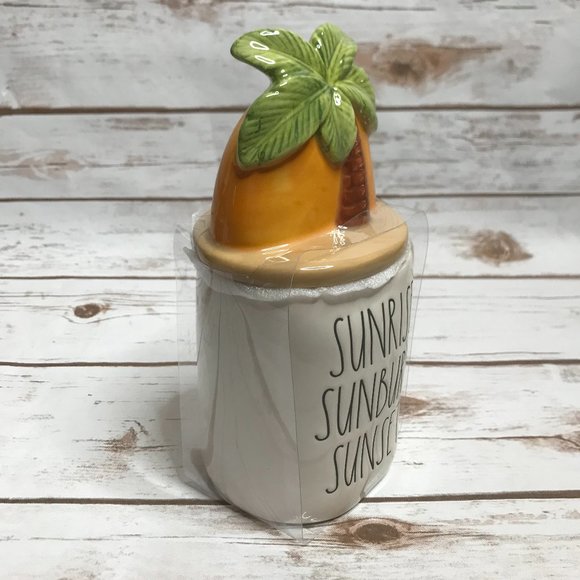 Rae Dunn SUNRISE SUNBURN SUNSET Mug with Palm Tree Topper - Picture 6 of 7